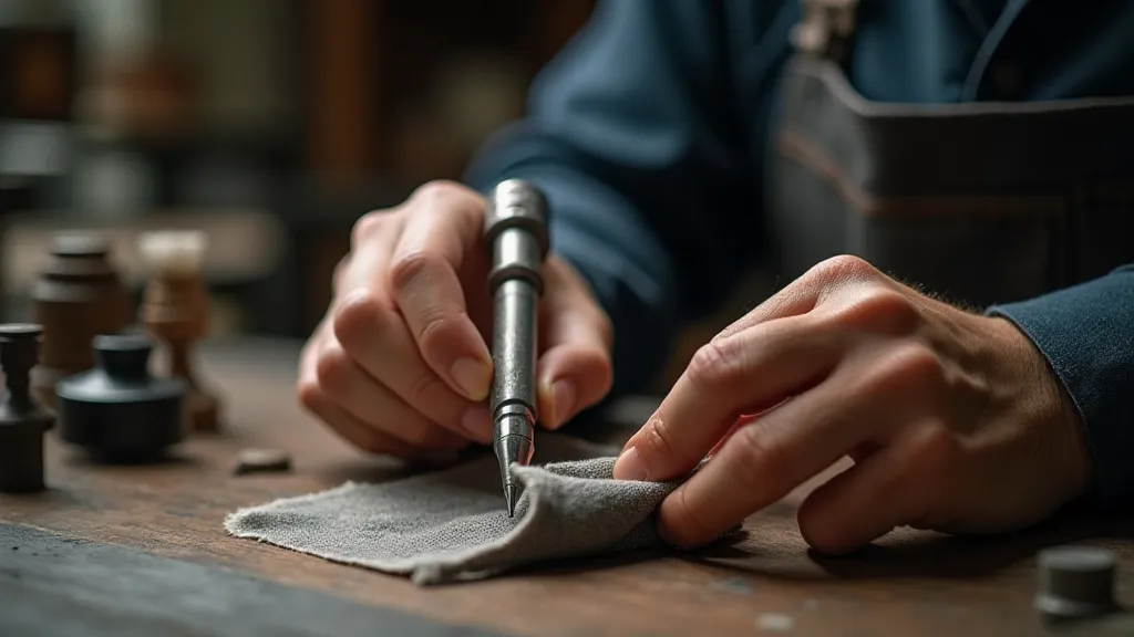 Craftsman cleaning a vintage silver calligraphy pen.