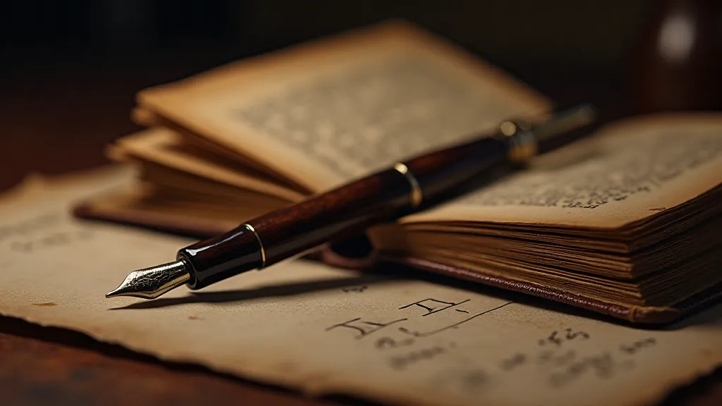 An antique pen and journal on a vintage writing desk.